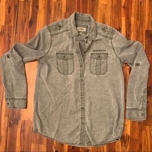 Express-distressed army green button up